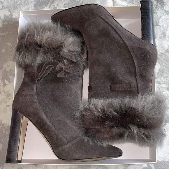 MANOLO BLAHNIK BELEMFU GREY SUEDE FUR BOOTS - Picture 2 of 4